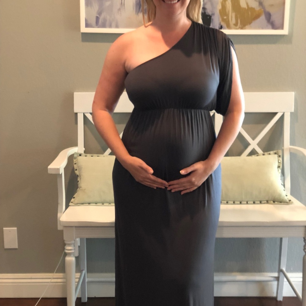 Dark charcoal grey maternity one shoulder dress